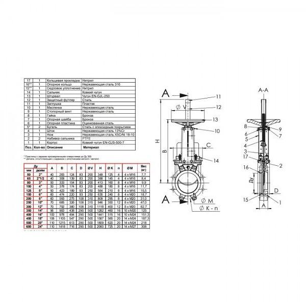 Задвижка шиберная односторонняя чугун VG4400-00NI Ду 350 Ру7 межфл со штурвалом уплотнение: нитрил Tecofi VG4400-00NI0350 фото 1