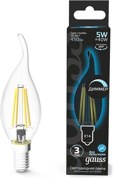 Лампа филам. Gauss Filament 5Вт цок.:E14 свеча 220B св.свеч.бел.нейт. (упак.:10шт) (104801205-D) фото 1