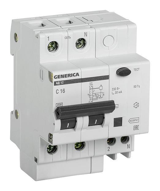 Выключатель автом. дифф. тока IEK АД12 Generica MAD15-2-016-C-030 16A тип C 4.5kA 30мА AC 2П 230В 4мод серый (упак.:1шт) фото 1