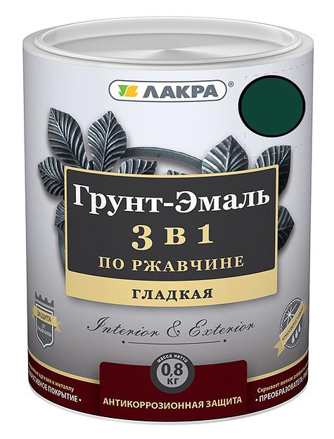 Грунт-эмаль 3 в 1 по ржавчине Лакра RAL 6005 зеленый мох 0,8кг фото 1