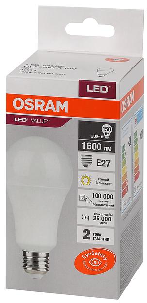Лампа светодиодная LED 20 Вт E27 3000К 1600Лм груша 220 В (замена 150Вт) OSRAM фото 3