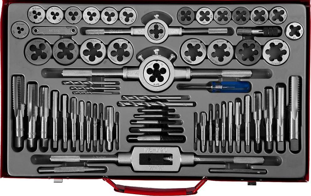 ЗУБР Набор "ЭКСПЕРТ" с металлореж. инструментом,метчики однопроход. и плашки,оснастка, экстракторы-в метал.боксе 65пред. [28118-H65_z01] фото 1