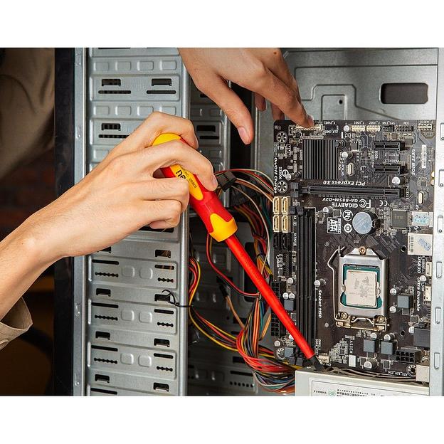 Диэлектрическая шлицевая отвертка Deli DL5161501 6,5х150мм сталь Cr-V, сертификат VDE для работ под напряжением до 1000 В. фото 4