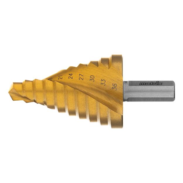 Сверло MATRIX 72358 ступенчатое 9-12-15-18-21-24-27-30-33-36мм hss спиральный профиль шестигранный фото 3
