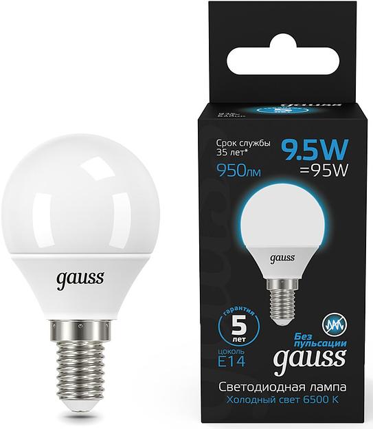 Лампа светодиодная Gauss 105101310 9.5Вт цок.:E14 шар 220B 6500K св.свеч.бел.хол. (упак.:10шт) фото 1