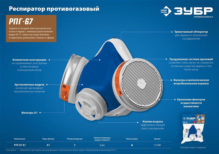 ЗУБР РПГ-67, с фильтрами А1, респиратор противогазовый, Профессионал (11140) фото 6
