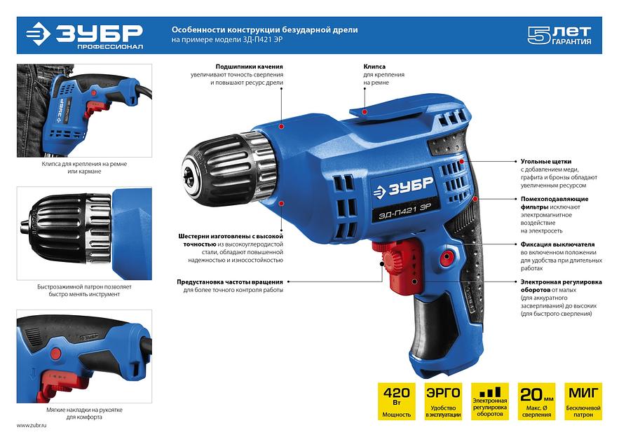 Дрель безударная реверсивная Зубр серия «Профессионал» ЗД-П421 ЭР 420 Вт 10 мм БЗП патрон ОПТ фото 9