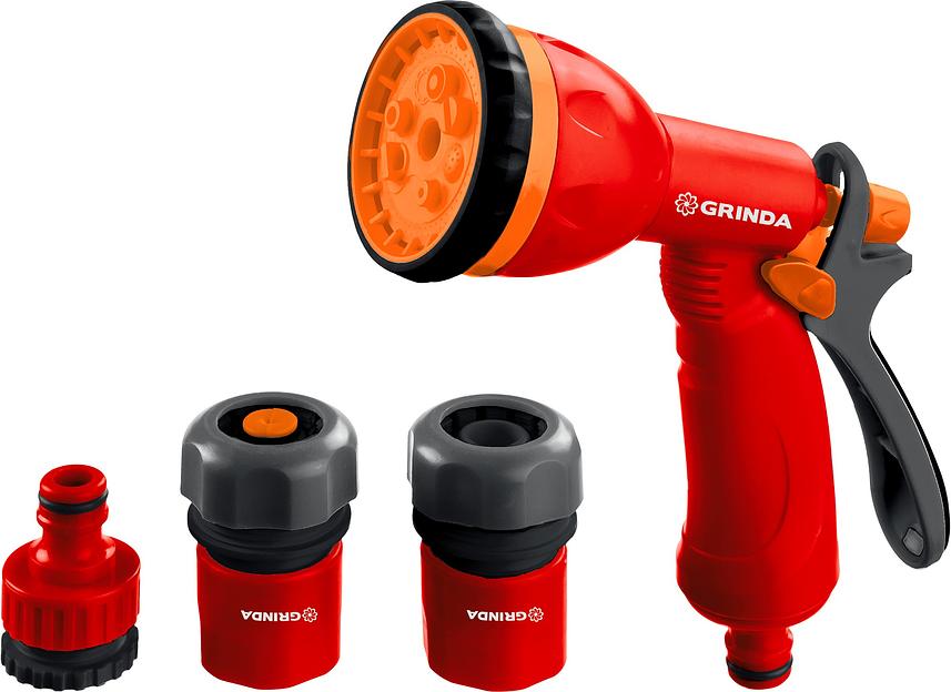GRINDA GS-12, пистолет с 8 режимами, комплект соединительной арматуры 1/2″, ударопрочный пластик, поливочный набор (8-427383) фото 1