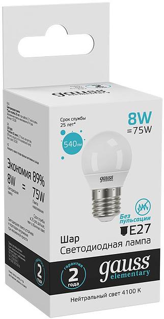 Лампа светодиодная Gauss Elementary 8Вт цок.:E27 шар 220B 4100K св.свеч.бел.нейт. (упак.:10шт) (53228) фото 4