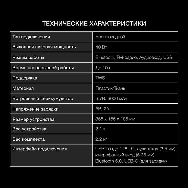 Портативная колонка Hyundai H-PS1025 черный 40W 2.0 BT 10м 3000mAh фото 6