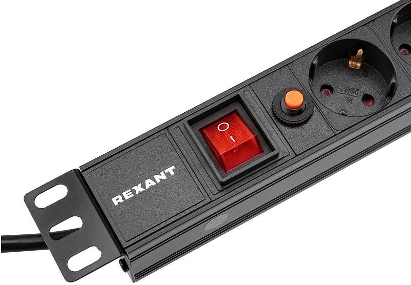 Блок распределения питания для 19" шкафов, горизонтальный, 6 розеток СЕЕ 7/4, 16A, фильтр, выкл, алюм корп, шнур 2м, вилка СЕЕ 7/7 REXANT фото 2