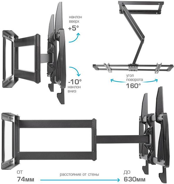 Кронштейн для телевизора Kromax GALACTIC-61 черный 32"-90" макс.45кг настенный поворот и наклон фото 4
