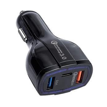 ORIENT QC-12V3B Автомобильное зарядное устройство с функцией быстрой зарядки, поддержка Quick Charge 3.0, 2xUSB-A + 1xUSB Type-C: QC выход - 5В,3.0A/ 9В,1.67А/ 12В,1.25А; 2,3 выходы - 5В,3.5А, цв фото 1
