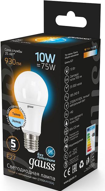 Лампа светодиодная Gauss A60 10Вт цок.:E27 груша 220B 2700K св.свеч.бел.теп. (упак.:1шт) (102502110-T) фото 3