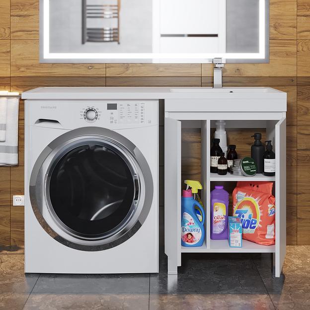 Тумба под стиральную машину с раковиной Uperwood Magenta 60/120 см, напольная, белая, с дверцами, правая фото 4