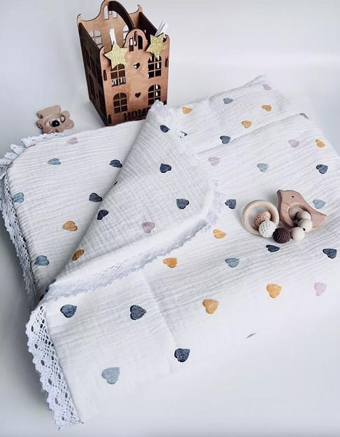 Плед для новорожденных муслиновый одеяло в кроватку, сердечки фото 2