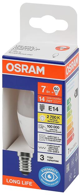 Лампа светодиодная LED 7Вт Е14 2700К 600Лм свеча 220В (замена 60Вт) OSRAM фото 3