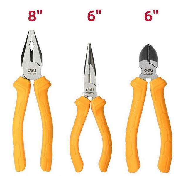Набор плоскогубцев Deli DL2008C-3 (комбинированные плоскогубцы 200мм, удлиненные плоскогубцы 160мм, диагональные бокорезы 160мм, однокомпонентная ручка) фото 1