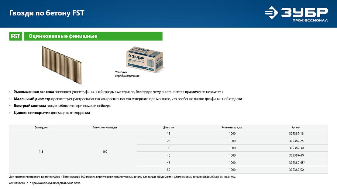 ЗУБР FST 45 х 1.8 мм, финишные гвозди по бетону оцинкованные, калибр 15GA, 1000 шт (305389-45) фото 5