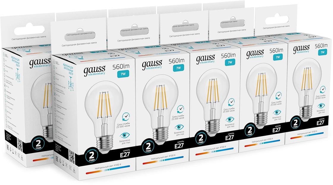 Лампа филам. Gauss Filament 7Вт цок.:E27 груша св.свеч.бел.нейт. (упак.:10шт) (22227) фото 3