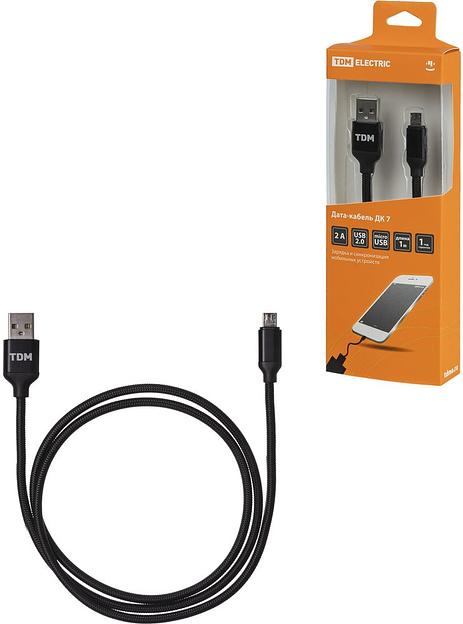 Дата-кабель, ДК 7, USB - micro USB, 1 м, тканевая оплетка, черный, TDM фото 1