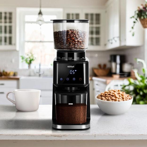 Кофемолка Kitfort КТ-7517 165Вт сист.помол.:жернова вместим.:275гр черный/серебристый фото 2