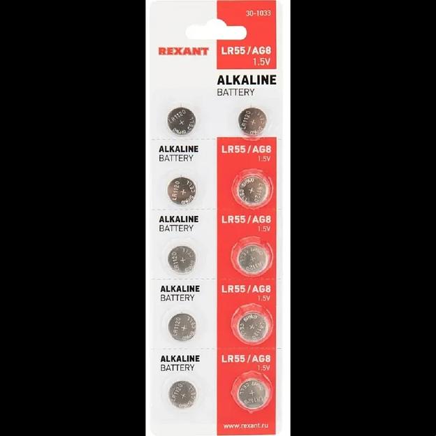 Rexant (30-1033) Батарейка часовая LR55, 1,5В, 10 шт (AG8, LR1120, G8, 191, GP91A, 391, SR1120W) блистер фото 1