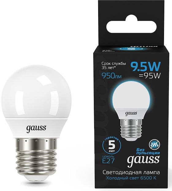 Лампа светодиодная Gauss 105102310 9.5Вт цок.:E27 шар 220B 6500K св.свеч.бел.хол. (упак.:10шт) фото 1