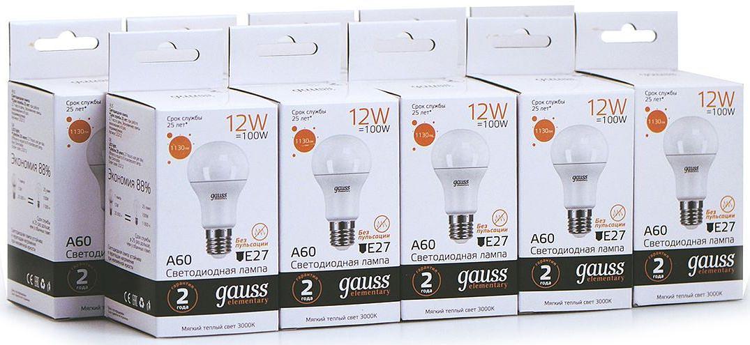 Лампа светодиодная Gauss Elementary 12Вт цок.:E27 груша 220B 3000K св.свеч.бел.теп. A60 (упак.:10шт) (23212) фото 4