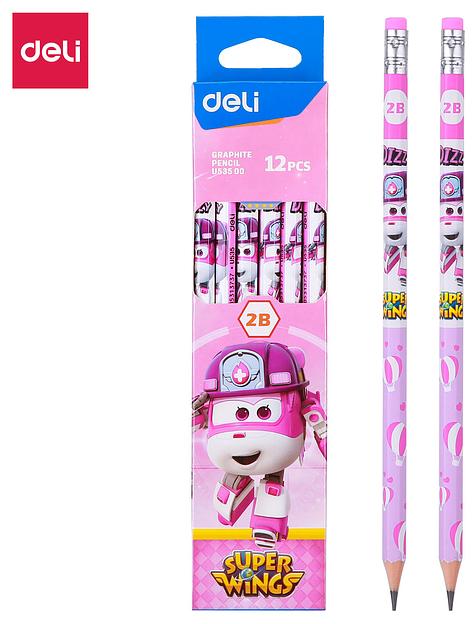 Карандаш ч/г Deli EU53500 Super Wings 2B шестигран. ассорти (12шт) ластик фото 2