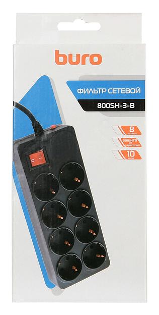 Сетевой фильтр Buro 800SH-3-B 3м (8 розеток) черный (коробка) фото 4