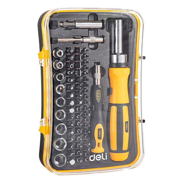 Набор прецизионных отверток и бит с держателями Deli DL3565 65 предметов трещотка 72 зуба, пластиковый кейс фото 4