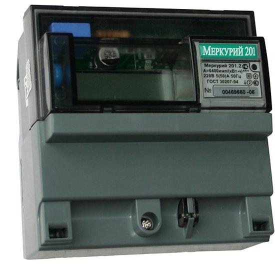 Счетчик электроэнергии Меркурий 201.2 однофазный однотарифный, 5(60), кл.точ. 1.0, D, ЖКИ, имп. выход фото 1