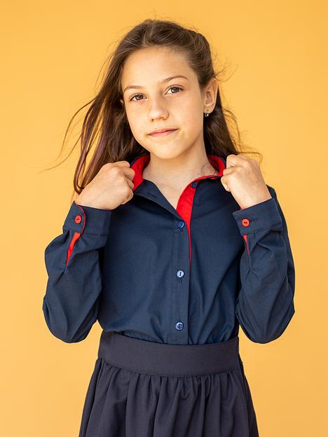 Рубашка с длинным рукавом школьная на девочку KristiKlo синяя с красным ОПТ фото 2