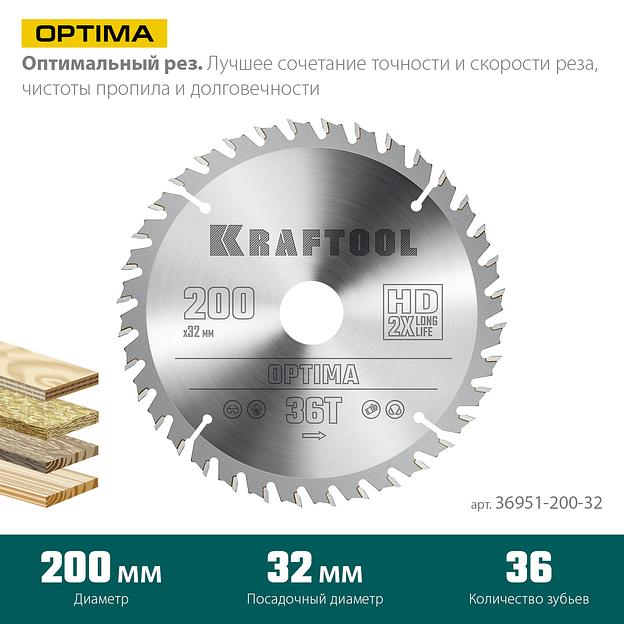 KRAFTOOL Optima, 200 х 32 мм, 36Т, пильный диск по дереву (36951-200-32) фото 3