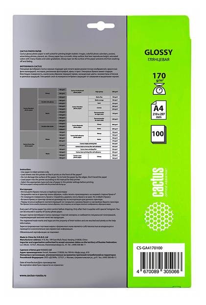 Фотобумага Cactus CS-GA4170100 A4/170г/м2/100л./белый глянцевое для струйной печати фото 2