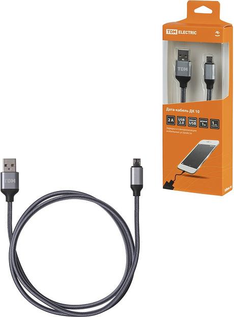Дата-кабель, ДК 10, USB - micro USB, 1м, тканевая оплетка, серый, TDM фото 1