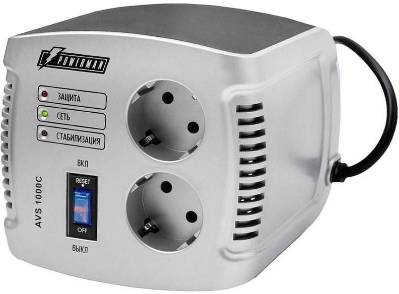 Стабилизатор POWERMAN AVS 1000C, ступенчатый регулятор, 1000ВА/500Вт, 150-280В, максимальный входной ток 8А, 2 евророзетки, IP-20, напольный, 151мм х 126мм х 123мм, 2 кг. POWERMAN AVS 1000C (POWERMAN AVS 1000 C) фото 1