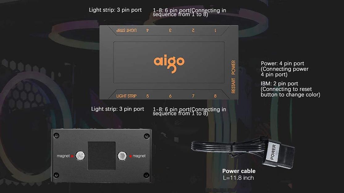 Набор из 5 вентиляторов Aigo DR12 KIT, 120мм, 1200rpm, 6-pin, черный/ARGB, 38CFM, 16дБ, контроллер на магнитах, пульт ду (AG-DR12-5) фото 3