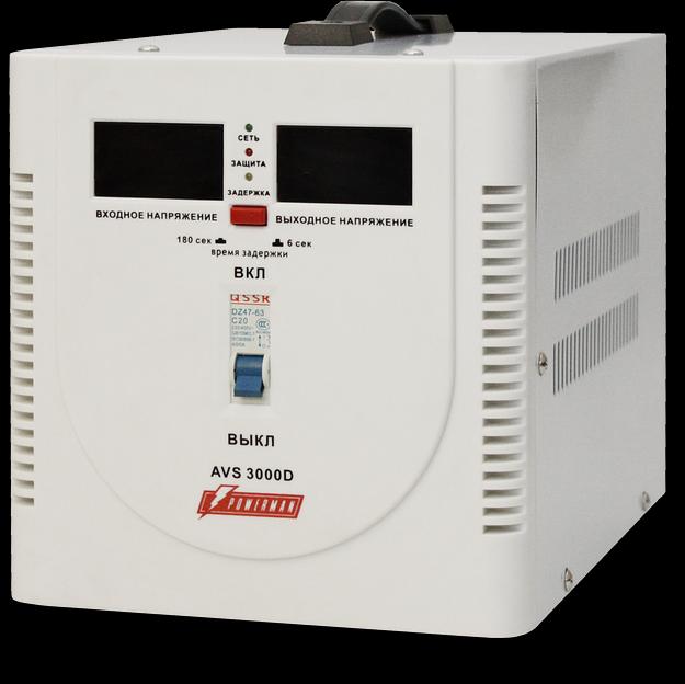 Стабилизатор POWERMAN AVS 3000D, ступенчатый регулятор, цифровые индикаторы уровней напряжения, 3000ВА, 140-260В, максимальный входной ток 20А, клеммная колодка, IP-20, напольный, 280мм х 200мм х 225мм, 6.8 кг. POWERMAN AVS 3000D фото 1