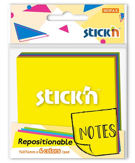 Блок самоклеящийся бумажный Stick`n 27083 76x76мм 80лист. 70г/м2 неон ассорти 4цв.в упак. фото 1