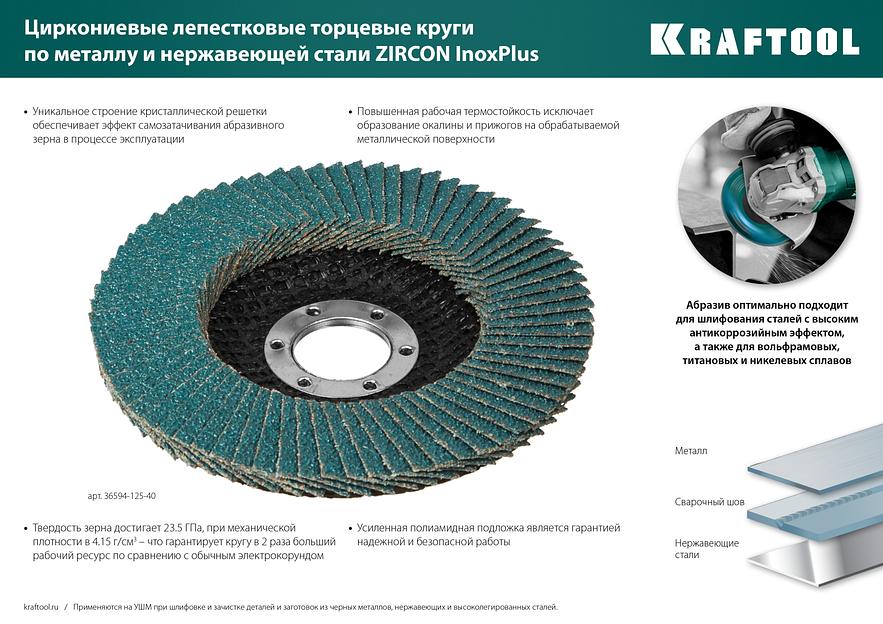 KRAFTOOL ZIRCON 125 х 22.2 мм, P80, круг лепестковый циркониевый торцевой по металлу и нержавеющей стали (36594-125-80) фото 8
