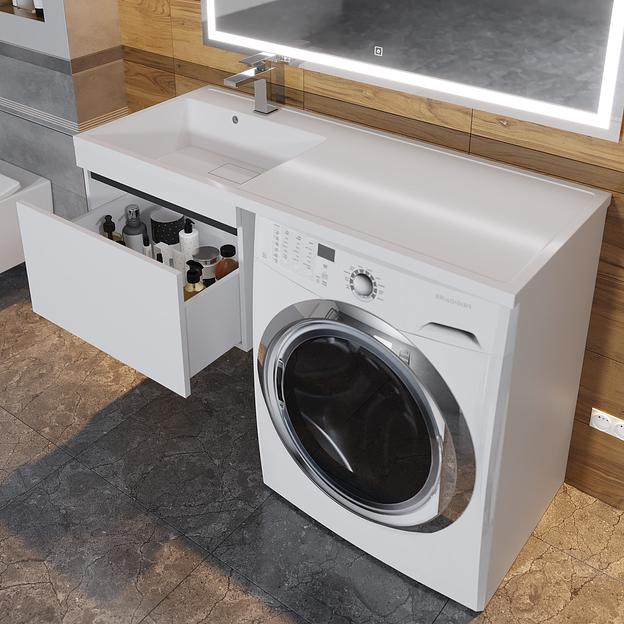 Тумба под стиральную машину с раковиной Uperwood Magenta 60/120 см, подвесная, белая/графит, выдвижной ящик, левая фото 6