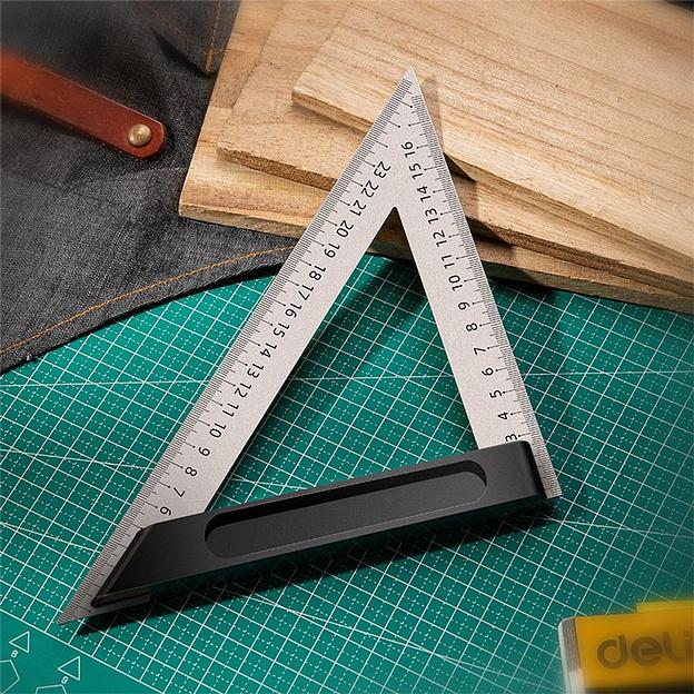 Измерительный и разметочный инструмент Deli Треугольная линейка стальная Deli DL303150 150мм, нержавеющая сталь + алюминиевое основание фото 6