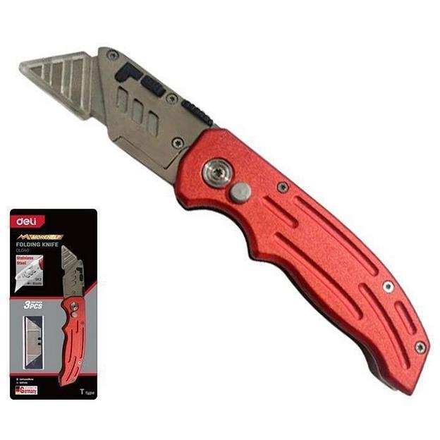 Строительный складной нож с Т-образным лезвием Deli DL040 в комплекте 4 лезвия, сталь SK5 фото 1