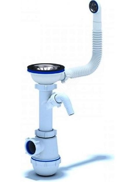 Сифон для мойки АНИ Грот 3 1/2'X40 c круглым переливом и отводом для стиральной машины с гибкой трубой 40х40/50 фото 1