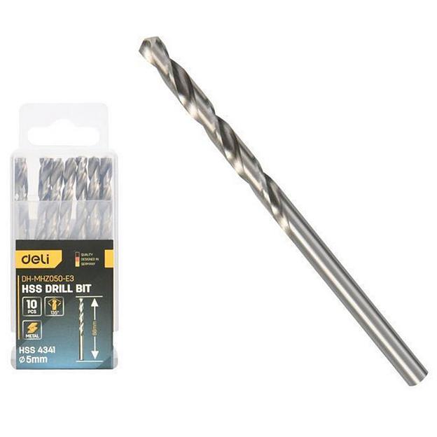 Набор сверл по металлу (5мм, 10 шт) Deli DH-MHZ050-E3 сталь HSS 4341, угол заточки 135 град, пласт. кейс фото 1