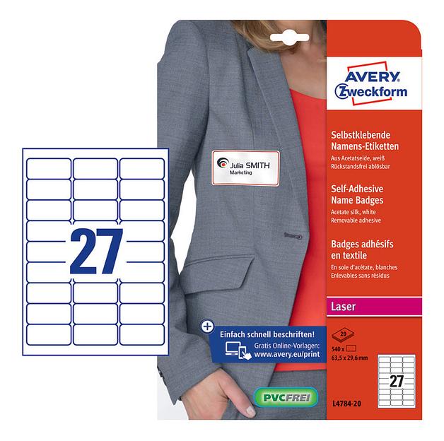 Этикетки Avery Zweckform L4784-20 29.6x63.5мм 27шт на листе/120г/м2/20л./белый ацетатный шелк самоклей. для лазерной печати фото 1