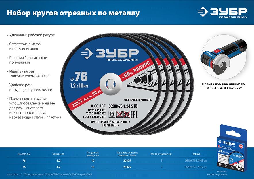 ЗУБР Х-2 76 х 1.0 х 10 мм набор для мини-УШМ 5 дисков отрезных по металлу, Профессионал (36200-76-1.0-H5) фото 6