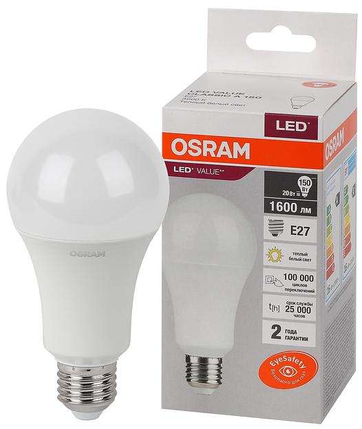 Лампа светодиодная LED 20 Вт E27 3000К 1600Лм груша 220 В (замена 150Вт) OSRAM фото 1